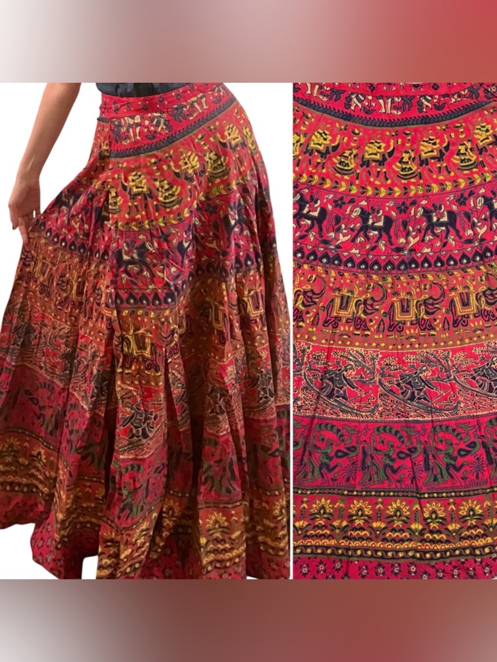 Vtg 70s Indian Block Print Maxi Wrap Skirt Cotton Boho Elephant Camel Red Black